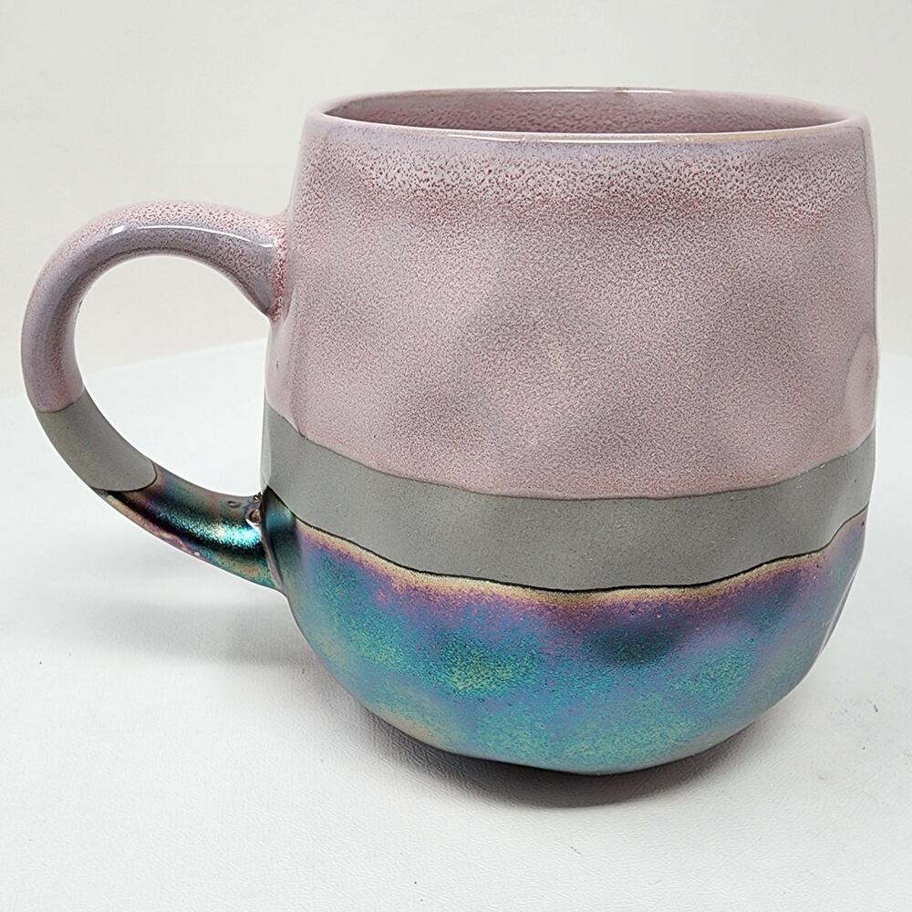 Roscher Stoneware Coffee Mug Pink Grey Blue Iridescent Striped  Micro & DW Safe